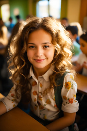 Young girl sitting at table with smile on her face. Generative AI.の素材