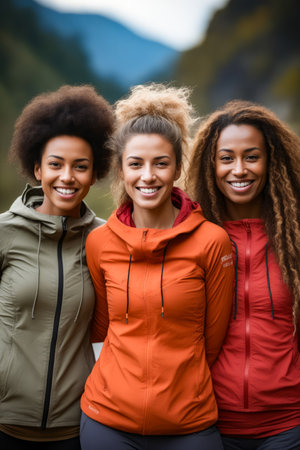 Three women standing next to each other smiling for the camera. Generative AI.の素材