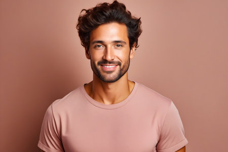 Man with beard and pink shirt smiling at the camera. Generative AI.の素材