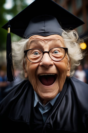 Person wearing graduation cap and gown with surprised look. Generative AI.の素材