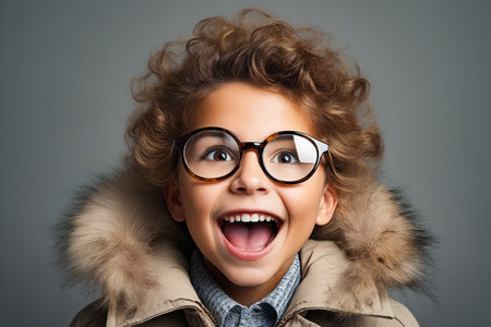 Woman with glasses and coat on smiling and making funny face. Generative AI.の素材