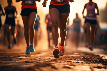 Group of people running on dirt road with sky background. Generative AI.の素材