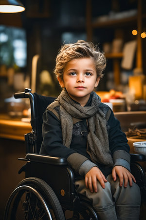 Young boy in wheelchair with scarf around his neck. Generative AI.の素材