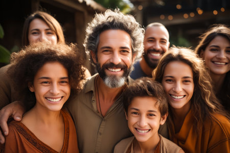 Group of people standing next to each other smiling at the camera. Generative AI.の素材