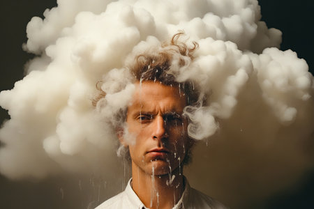 Man with cloud of smoke over his head and tie. Generative AI.の素材