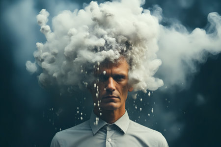 Man with cloud of smoke on his head and shirt on. Generative AI.の素材