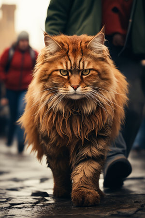 Cat walking down street with people walking by it. Generative AI.の素材