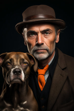 Man in suit and tie with dog in his lap. Generative AI.の素材