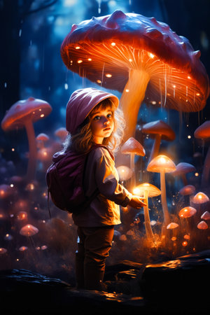 Little girl standing in front of group of mushrooms. Generative AI.の素材