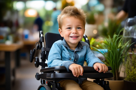 Young boy in wheelchair smiling for the camera with plant in the background. Generative AI.の素材