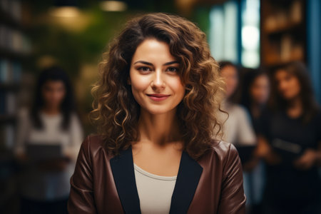 Woman with brown jacket and smile on her face. Generative AI.の素材