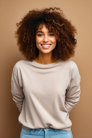 Woman with smile on her face and white shirt. Generative AI.の素材