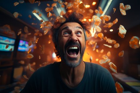 Man with beard and mustache is surrounded by falling gold coins. Generative AI.の素材