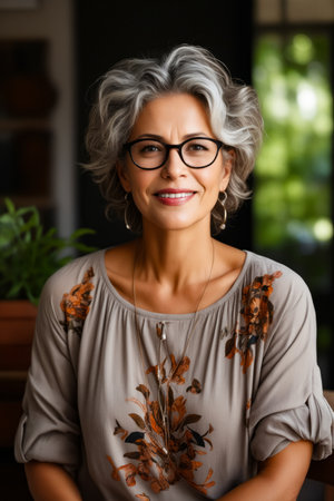 Woman with glasses is smiling for the camera with plant in the background. Generative AI.の素材