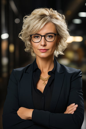 Woman with glasses and black shirt is posing for picture. Generative AI.の素材