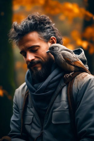 Man with bird on his shoulder looking down at his cell phone. Generative AI.の素材
