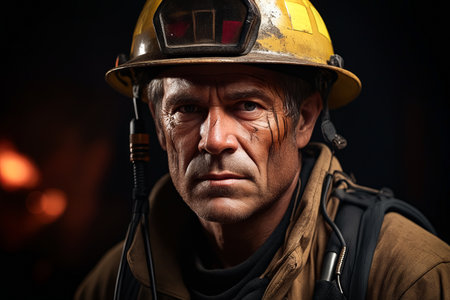 Man wearing hard hat and yellow helmet with red light on it. Generative AI.の素材