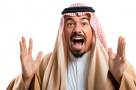 Man with surprised look on his face and headdress. Generative AI.の素材