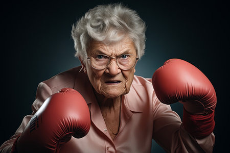 Old woman wearing red boxing gloves and pink shirt. Generative AI.の素材