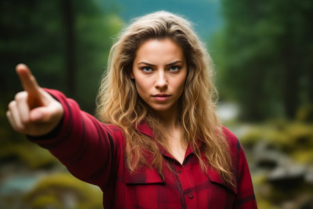 Woman with long hair is taking selfie with her cell phone. Generative AI.の素材