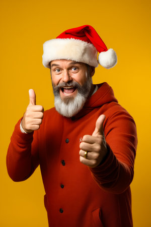 Man in santa hat giving thumbs up sign. Generative AI.の素材