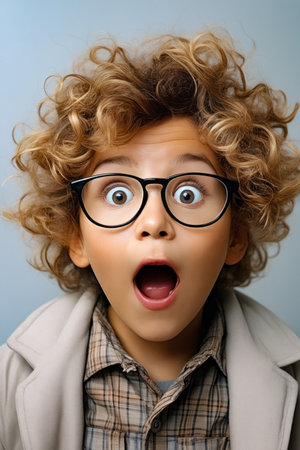 Young boy with glasses making surprised face with his mouth open. Generative AI.の素材