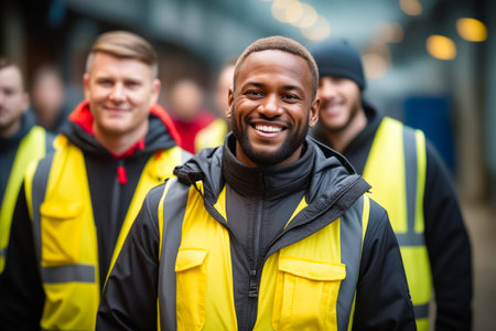 Man in yellow vest smiles at the camera while other men in black and yellow vests stand behind him. Generative AI.の素材