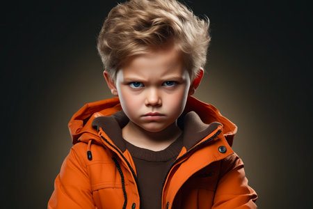 Young boy with sad look on his face and jacket. Generative AI.の素材