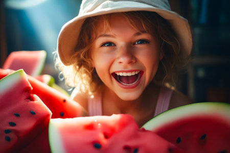 Little girl with hat on and watermelon. Generative AI.の素材