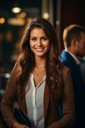 Woman smiling and wearing brown jacket and white shirt. Generative AI.の素材