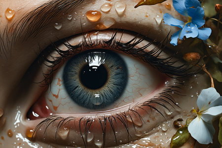 Close up of human eye with flower on it. Generative AI.の素材