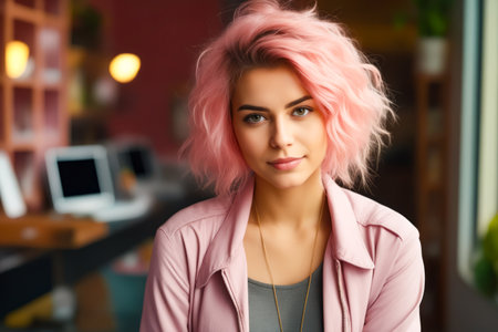 Woman with pink hair and pink jacket on posing for picture. Generative AI.の素材
