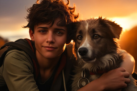 Boy and his dog are posing for picture together. Generative AI.の素材