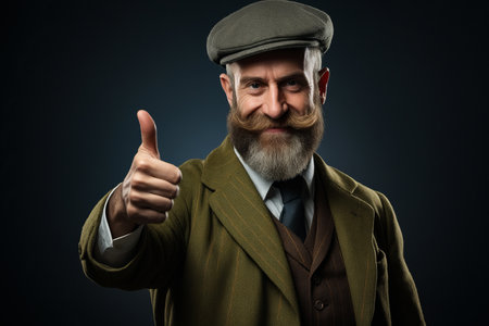 Man with beard and hat gives thumbs up. Generative AI.の素材
