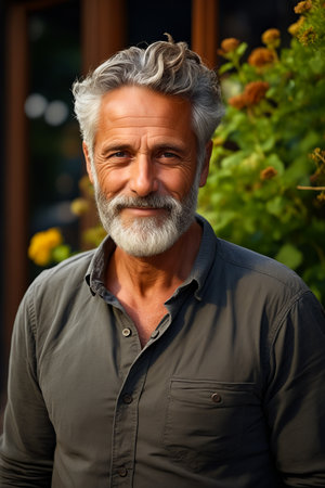 Man with beard and gray shirt is smiling. Generative AI.の素材