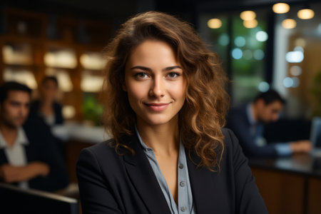 Woman with black jacket and gray shirt is smiling. Generative AI.の素材