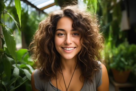 Woman with smile on her face and green plant behind her. Generative AI.の素材