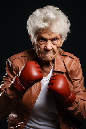 Old woman wearing boxing gloves and white shirt is posing for picture. Generative AI.の素材