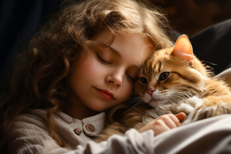 Girl holding cat in her arms while she sleeps. Generative AI.の素材