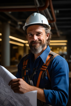 Man in hard hat holding blueprint and pen. Generative AI.の素材