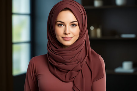 Woman wearing maroon hijab and smiling at the camera. Generative AI.の素材
