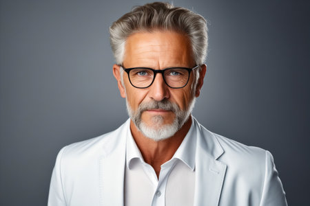 Man with white beard and glasses on gray background. Generative AI.の素材