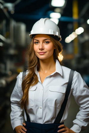 Woman wearing hard hat and carrying camera in her hand. Generative AI.の素材