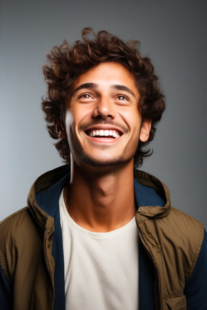 Man with smile on his face and jacket on. Generative AI.の素材