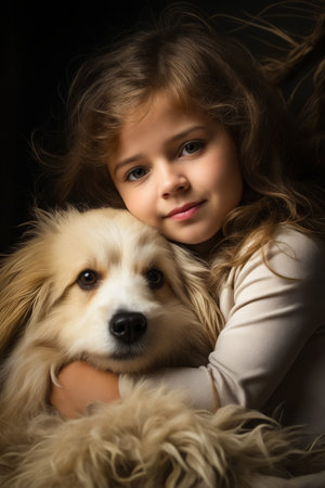 Girl holding dog in her arms and smiling at the camera. Generative AI.の素材
