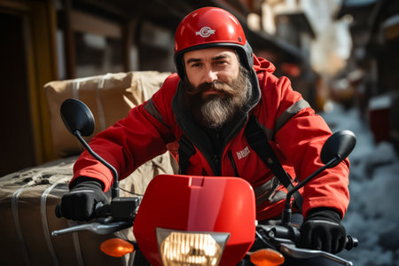 Man with beard and helmet on motorcycle. Generative AI.の素材