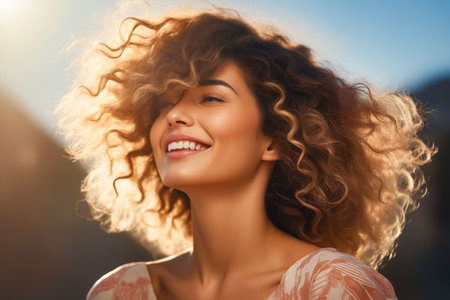 Woman with curly hair smiling and looking up at the sky. Generative AI.の素材