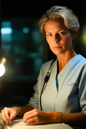 Woman in white scrub coat is holding light. Generative AI.の素材