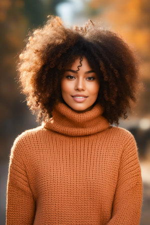 Woman with brown sweater and brown turtle neck. Generative AI.の素材