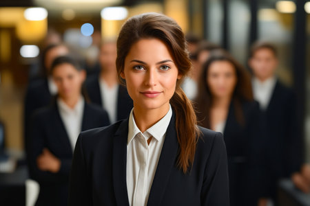 Woman in suit standing in front of group of people. Generative AI.の素材